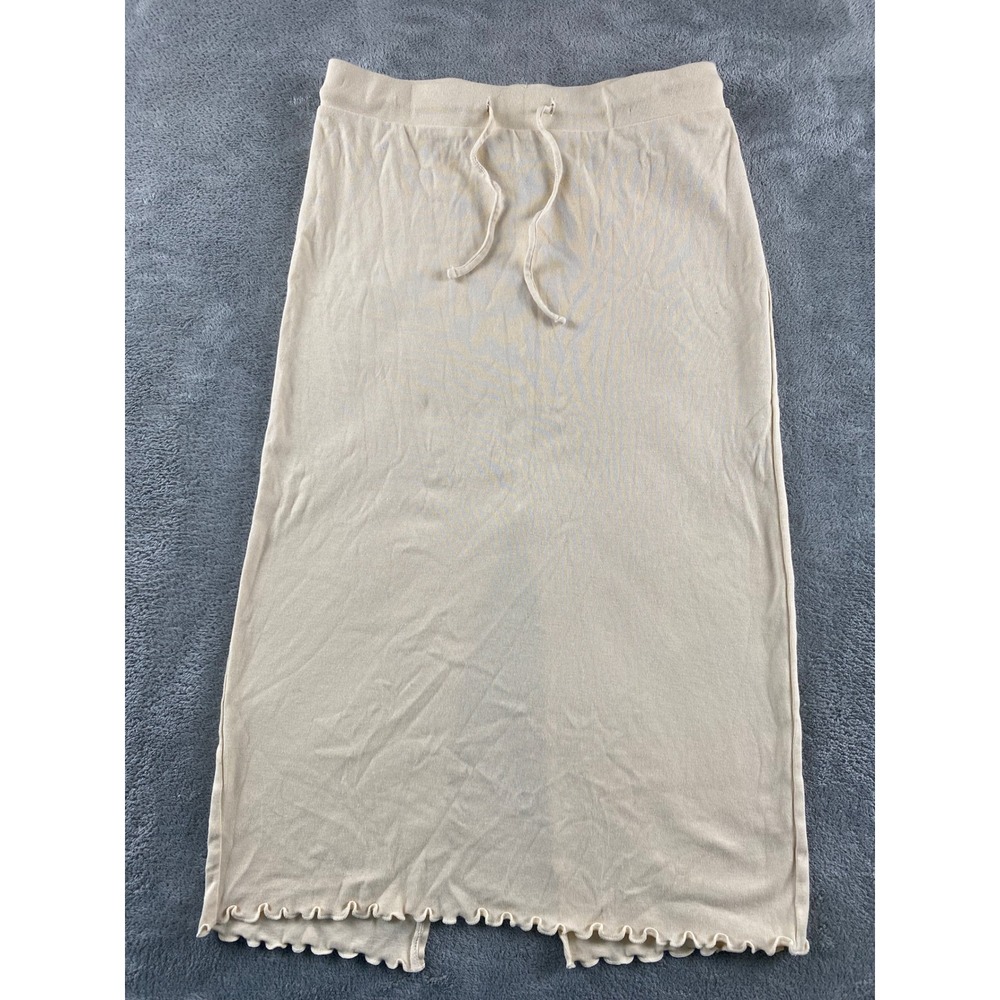 HM Divided Beige Cotton Jersey‎ Midi Skirt Drawstring Lettuce Edge Hem Small